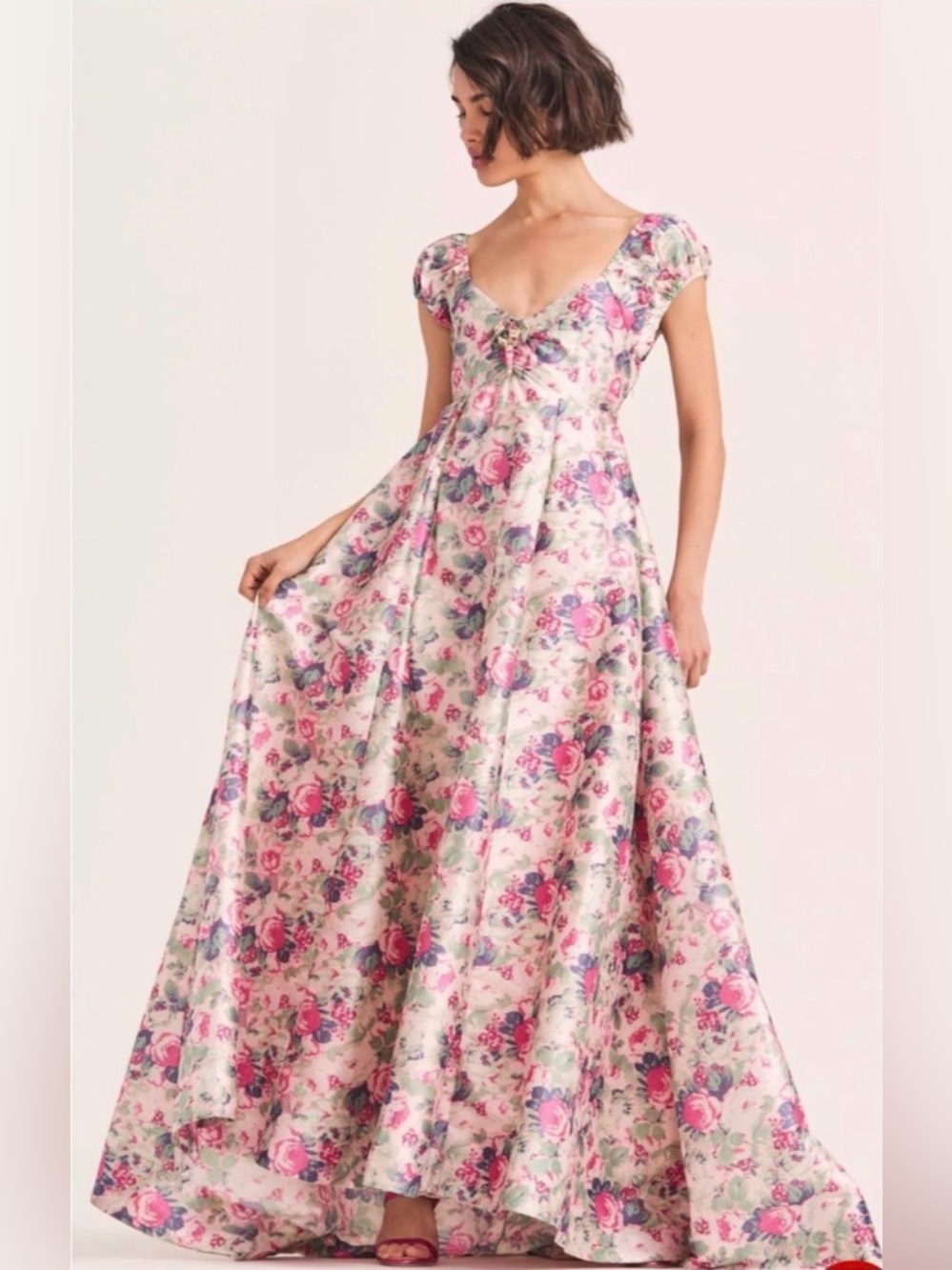 LoveShackFancy Pink Floral Cap-Sleeve Maxi Dress